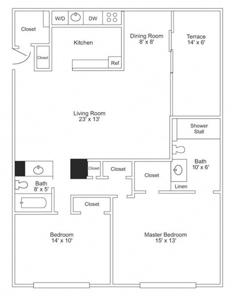 Floor plan for 2 beds, 2 baths, 1113 sqft